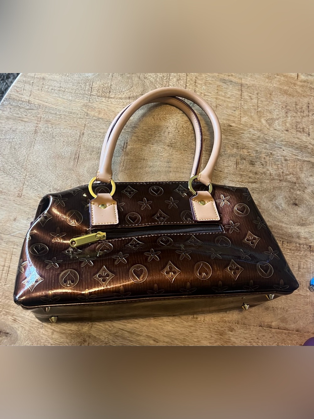 Lany Glossy Brown & gold Patent Satchel  purse with handles monogram style 12x4”